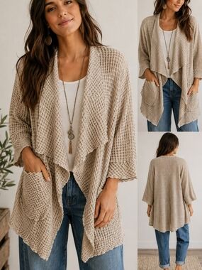 Coastal Grandma, Cottagecore, Nuetral Minimalist Waffle-Knit Open Front Cardigan